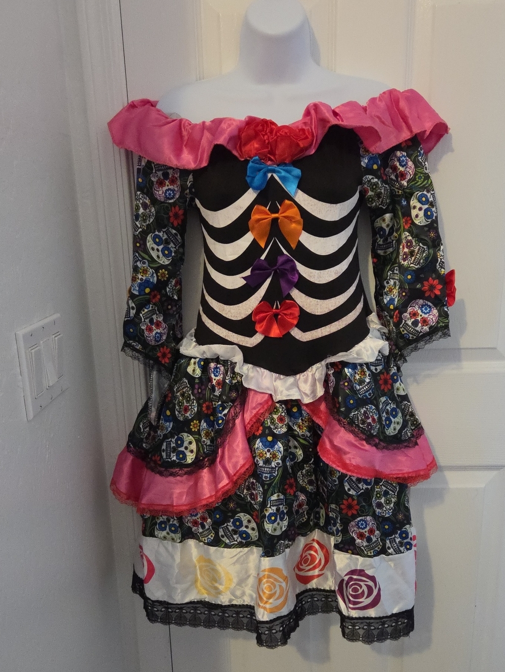 Women's Pink Sugar Skull Skeleton Costume Dress with Colorful Bows